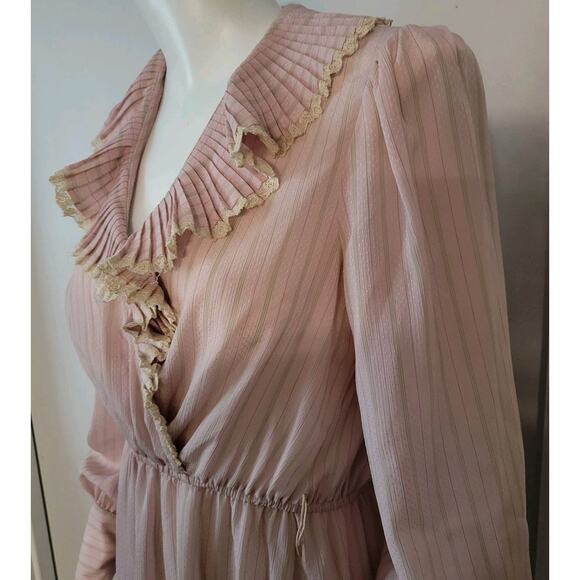 Donna Morgan Non Stop Sheer Pink Midi Dress Sz. S Chiffon Union Made Long Sleeve - Picture 8 of 11